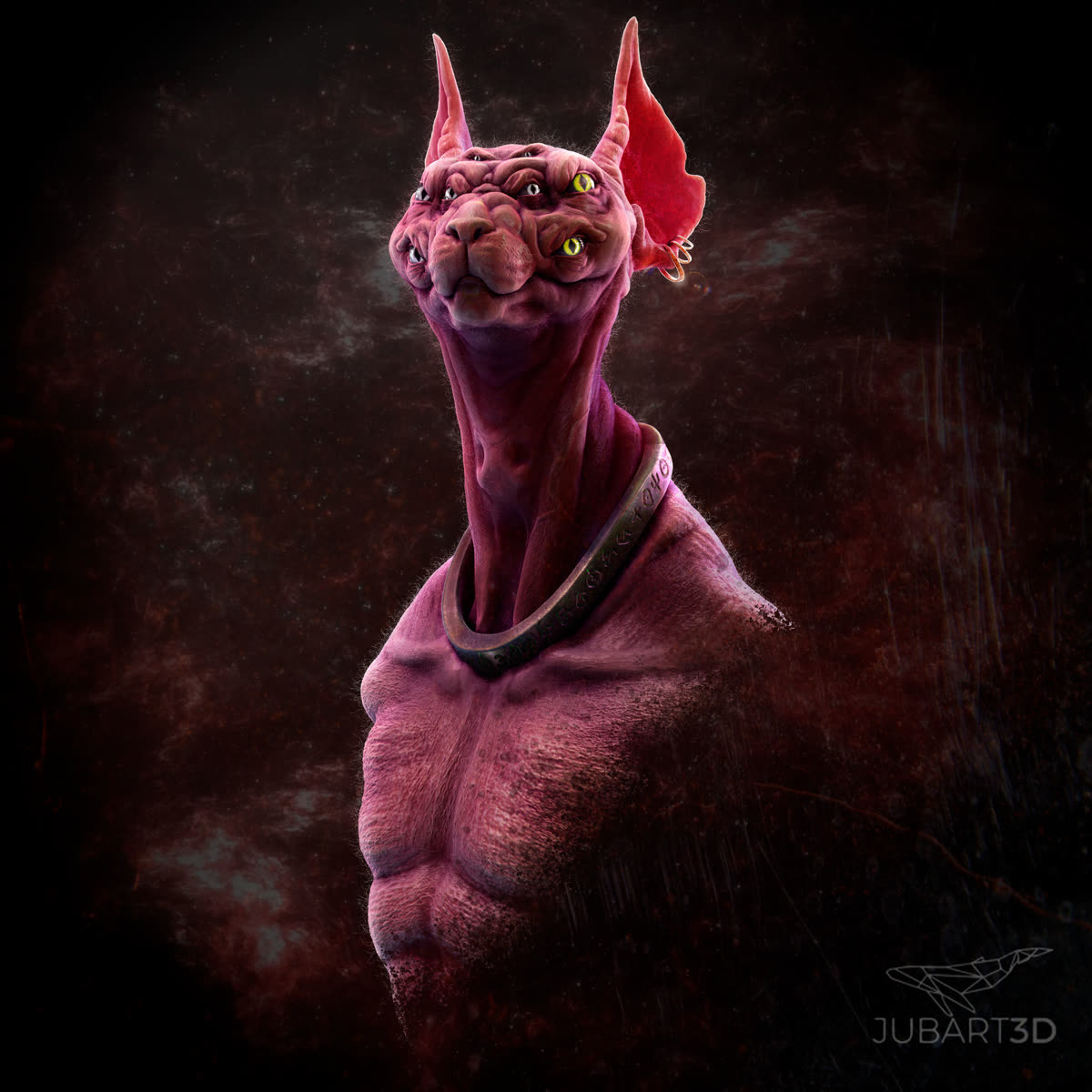 Busto de criatura felina de muitos olhos